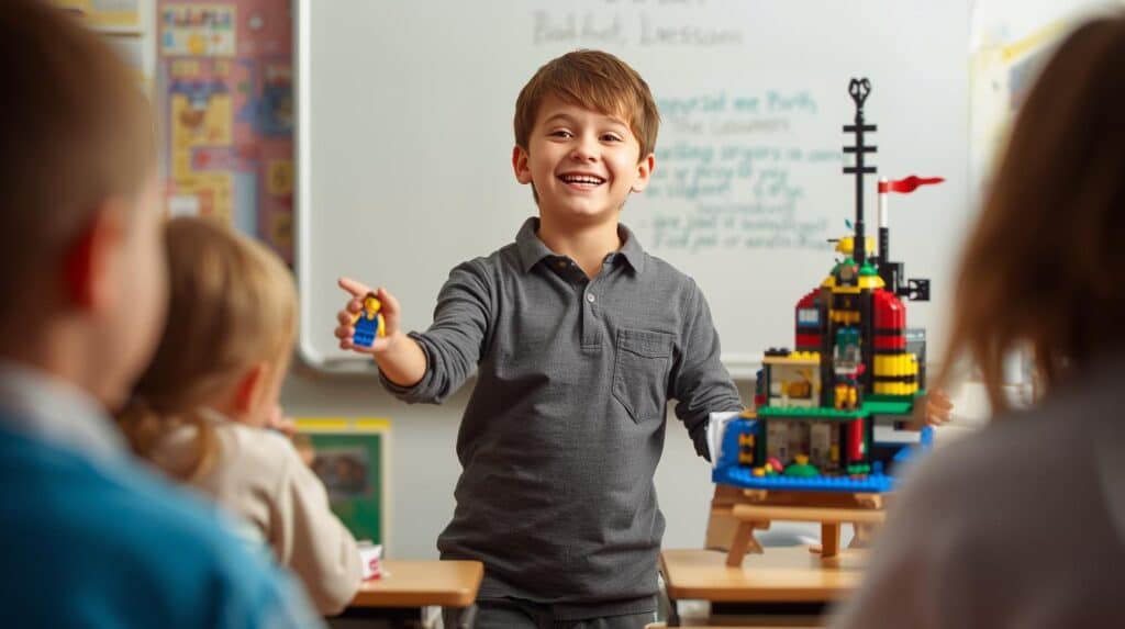 jongen die een spreekbeurt geeft over LEGO