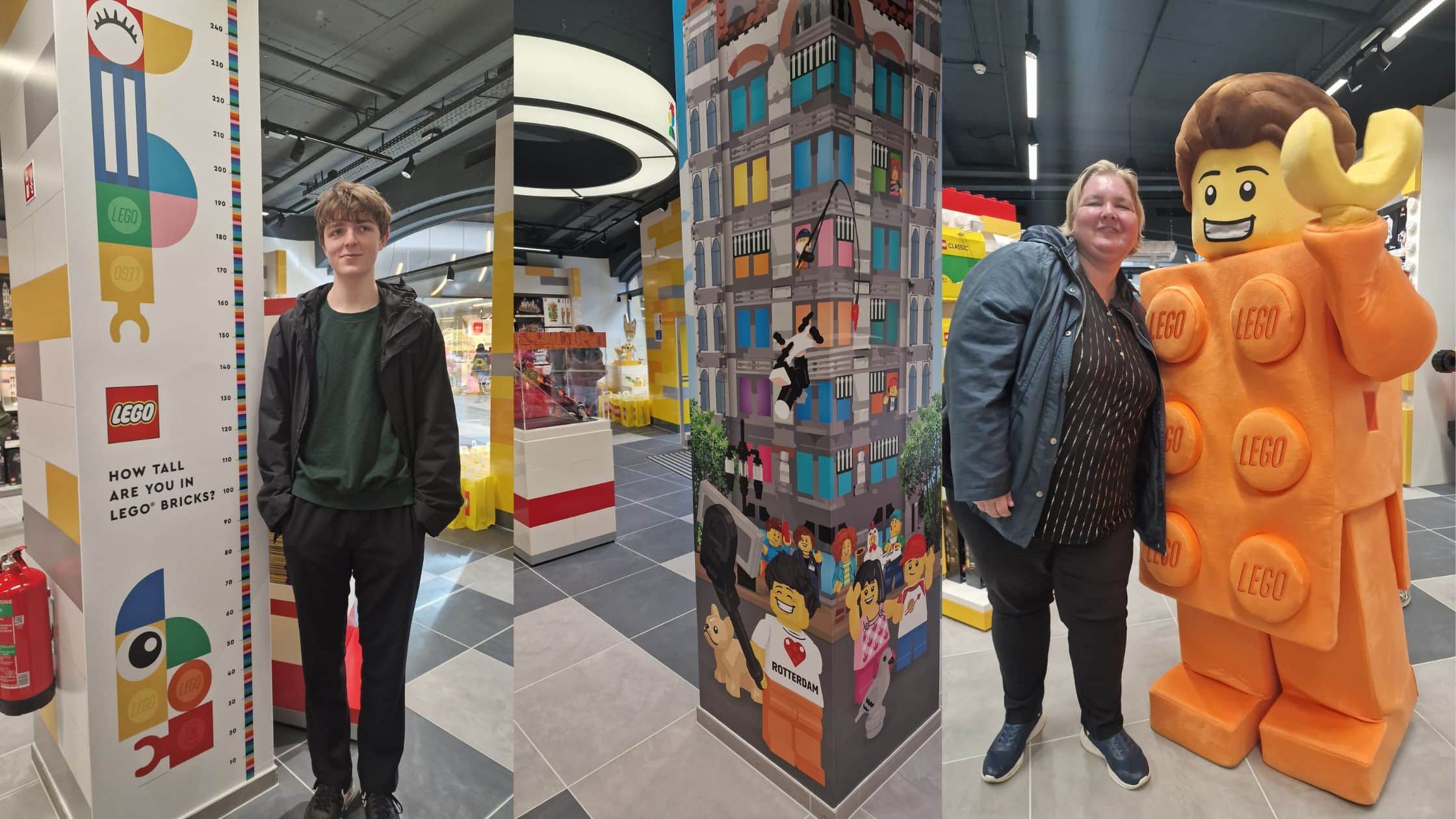 bij de LEGO mascotte tijdens persopening LEGO Store Rotterdam