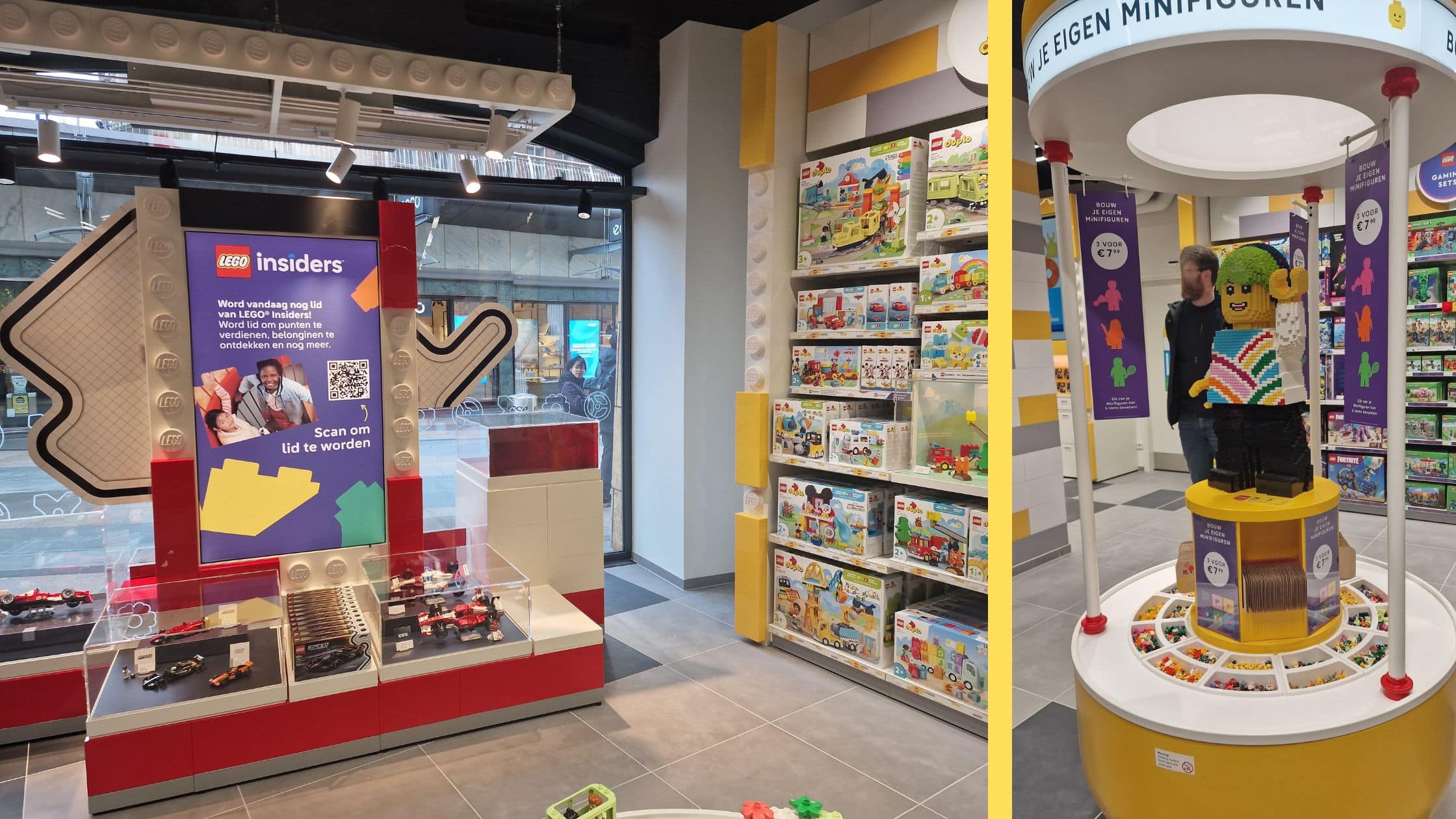 Interieur LEGO Store Rotterdam met displays en minifiguur decoratie