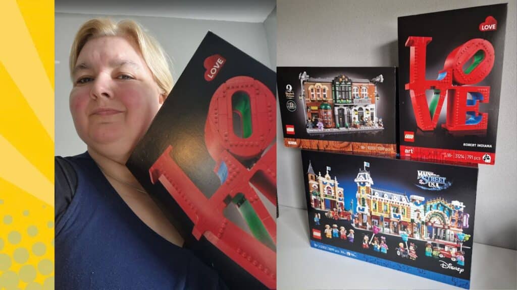 Martine met de LEGO LOVE set (31214), naast de dozen van LEGO Sherlock Holmes (10351) en LEGO Main Street USA (43302)