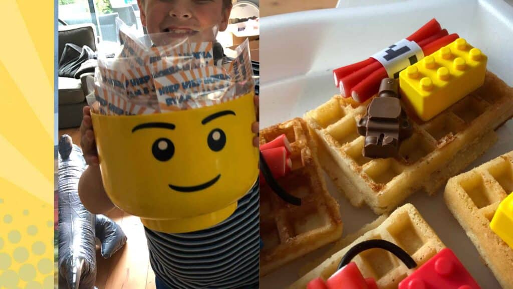 LEGO traktatie idee met een geel LEGO-hoofd bakje en een wafel met chocolade LEGO-poppetje en blokje